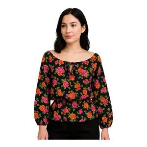 Betsey Johnson Boat Neck Floral Blouse~Size Lge~Black Flirty Long Sleeve L7 121